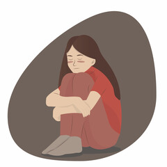 Depression in a person. Sad girl bending her knees.