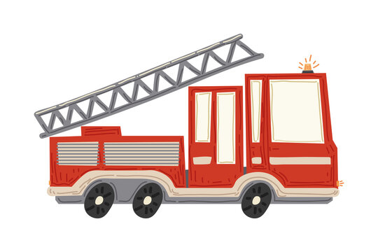 Fire truck, a cute cartoon illustration for kids. Vector flat design of city transport, side view. Design for education, website, clothing, stickers, stationery, posters, postcards, and nursery. 