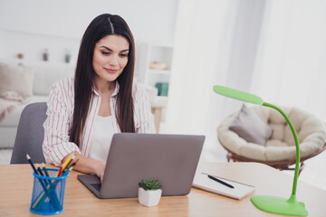 Portrait of attractive trendy focused long-haired woman copywriter typing text email study learn at...