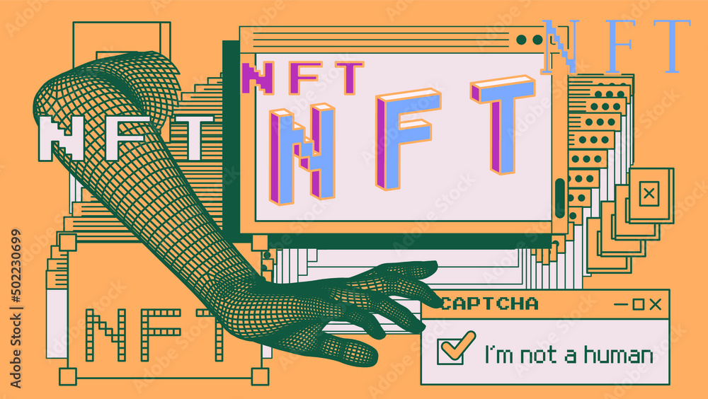 Poster Computer screen with of user interface elements. Conceptual illustration of the NFT or Non-fungible token.