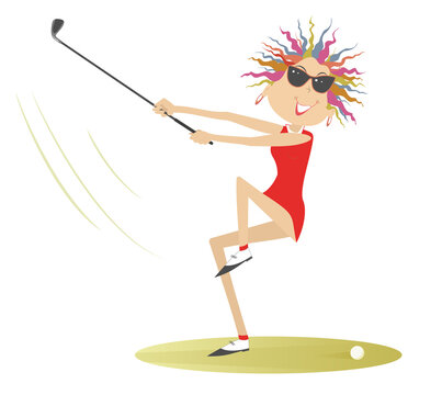 Cartoon golfer woman on the golf course illustration. Funny golfer woman in sunglasses with a golf club tries to do a good shot isolated on white background