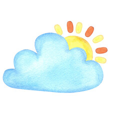 Watercolor sun in clouds. Isolated illustration on white background. Hand drawn painting for kids room.