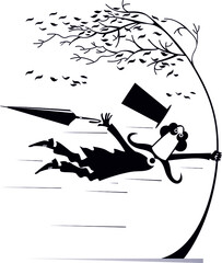 Bad weather, hurricane, frightened man catches a tree.
Strong wind, flying leaves and a man lost his hat and umbrella trying to keep his life catching a tree black on white background
