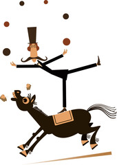 Equilibrist mustache man rides horse and juggles the balls. 
Funny long mustache man in the top hat balances on the horse and juggles the balls isolated on white background
