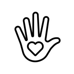 Care for people. Heart symbol inside the palm of the hand. Icon vector illustration in outline style