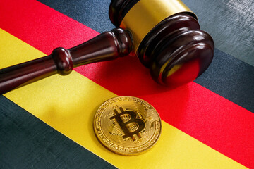 Fototapeta Flag, gavel and coin. Cryptocurrency regulations in Germany. obraz