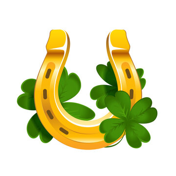 Vector realistic golden horseshoe with quatrefoil clover. Symbol of luck isolated on white background