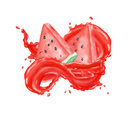 Watercolor watermelon isolated with water splashing juice hand drawing on white background illustration