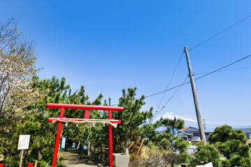 静岡県富士市にある鈴川の富士塚の鳥居の向こうに富士山を望む