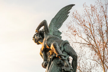 Madrid, Spain. The Fuente del Angel Caido (Monument of the Fallen Angel), a fountain located in the...