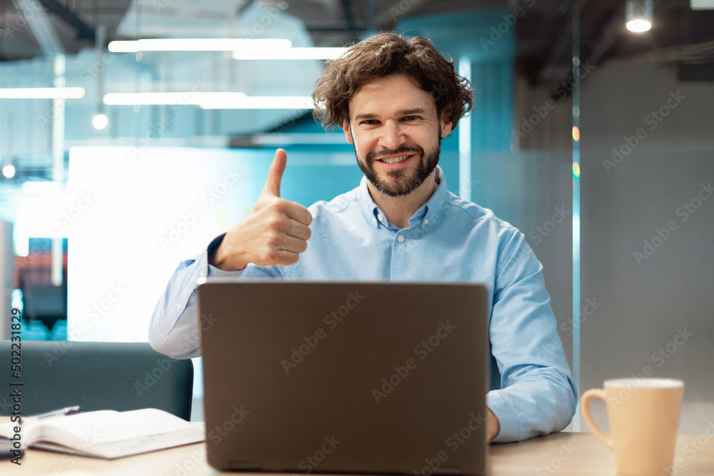 Poster portrait of smiling business man using laptop showing thumbs up
