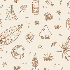 Boho Style seamless vector Pattern. Feathers, hearts, magical crystals and different objects. Cartoon style. For Textile or Print design. © Ira Tiigra