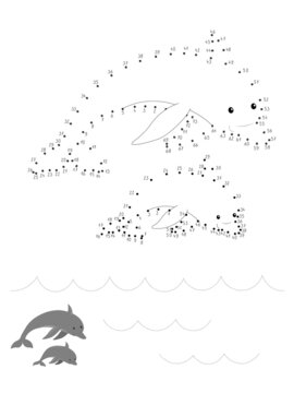 Connect The Dots and Draw Cute Cartoon Dolphins. Educational Game for Kids. Vector Illustration With Cartoon Animal Characters. Activity Page.