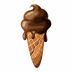 Ice cream in a waffle cone with chocolate topping, icing, vector illustration on an isolated transparent background