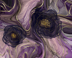 abstract texture with golden lines and alcohol ink with dark blue flowers