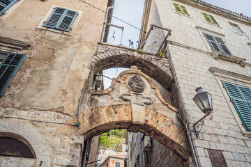 Colorful street in Old town of Kotor on a sunny day, Montenegro