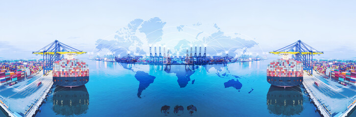 Island for Container ship loading and unloading, World map with Global logistic network distribution. Cargo freight ship for Online international order worldwide concept. Rearview cargo container ship