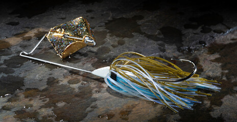 Shiny gold spinner on a buzz bait