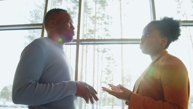 Businessman And Woman Talking In Front Of Office Window