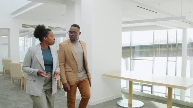 Two talking business people walking in office