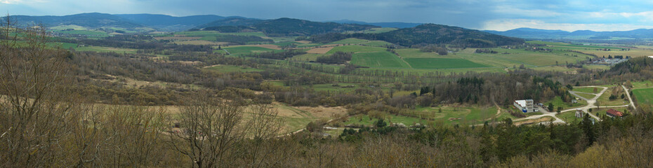Fototapeta premium Panoramic view of Bohemian forest from the castle Klenova at Janovice nad Uhlavou,Klatovy district,West Bohemia,Czech Republic,Europe,Central Europe 