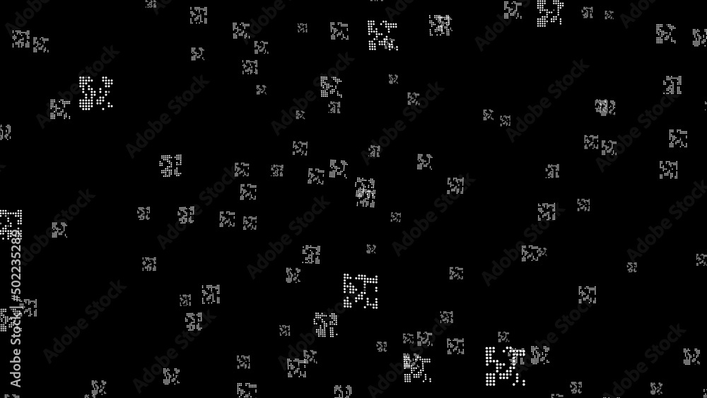 Poster Abstract irregularly shaped particles in free random flight in outer space. 3D. 4K. Isolated black background.