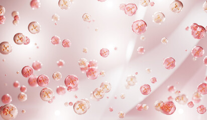 Molecule inside bubbles on soft background, concept skin care cosmetics solution. 3d rendering.