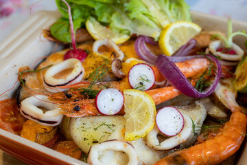 Roasted seafood and dishes in restaurant