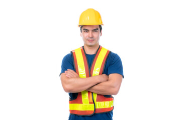 Portrait young architect man engineering wearing yellow helmet , He standing arms crossed isolated on white background with copy space