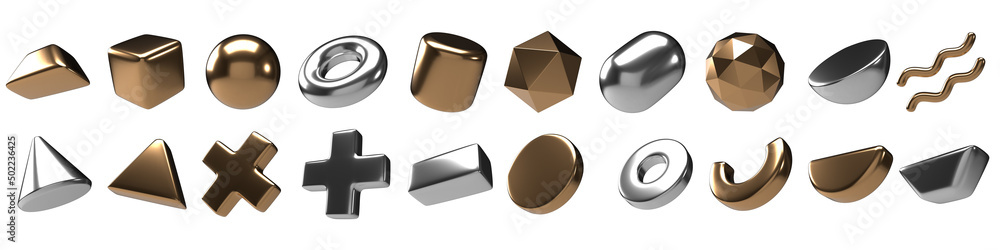 Fototapete 3d geometric basic shape cube sphere primitive metallic gold element for decoration three dimensiona