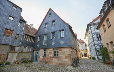 Old street in Furth, Germany. Architecture and landmark of Germany with facрwerk houses