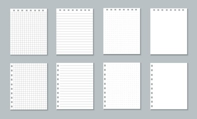 White paper pages of a tear-off notebook. Sheets in a cage and a ruler for a notebook with a spiral.
Realistic blank mockup with shadow. Vector illustration on a gray background.