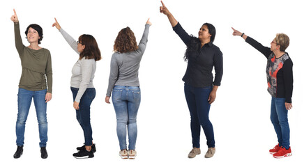 group of women pointing on white background