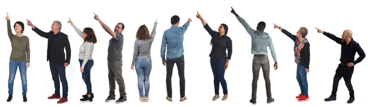 group of people pointing on white background