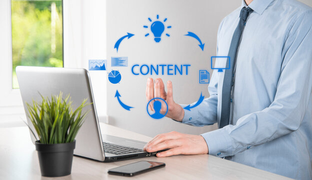 Content marketing cycle - creating, publishing, distributing content for a targeted audience online and analysis.