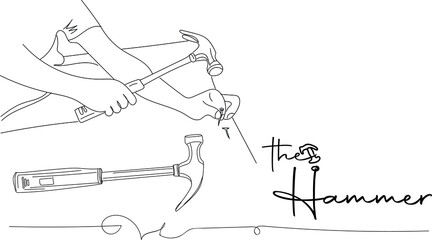 Outline sketch drawing of hammer in hand, hammer logo, line art illustration silhouette of hammer tool