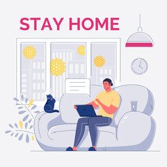 Young man is sitting on sofa with laptop, coffee and cat. Concept of free independent lifestyle - remote, freelance work, online training, anytime and anywhere. Flat cartoon vector illustration.