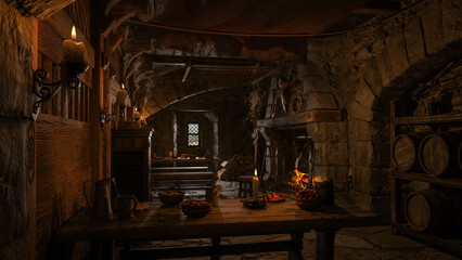Dark atmospheric medieval tavern bar with food and drink on tables around an open fireplace. 3D illustration. - obrazy, fototapety, plakaty