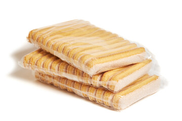 Italian cookie savoiardi (Lady Finger). Sweet biscuits. Sponge cookies for tiramisu isolated on white background.