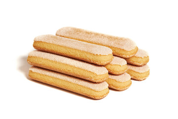 Fototapeta na wymiar Italian cookie savoiardi (Lady Finger). Sweet biscuits. Sponge cookies for tiramisu isolated on white background.