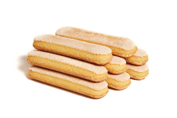 Italian cookie savoiardi (Lady Finger). Sweet biscuits. Sponge cookies for tiramisu isolated on white background.
