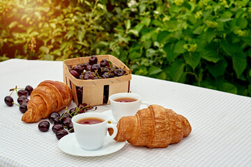 Black tea with fresh croissants and cherries on the table against white background. Flat lay, spring breakfast conceptual composition
