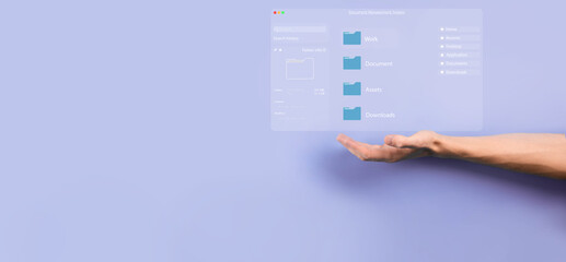 Document management concept. Virtual screen icons Document Management System DMS Online document database, software for efficient archiving, searching and management of company files and data.