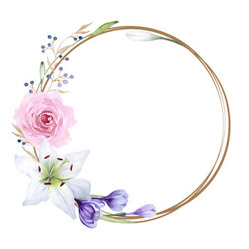 Round frame with pink rose, white lily and purple crocus. Beautiful floral wreath with flowers, buds, leaves and herbs isolated on white background. Hand drawn watercolor. Copy space.
