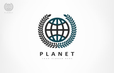 planet and olive wreath logo vector.