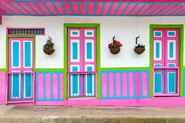 Beautiful doors and facades of the houses Salento city in Colombia