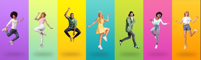 Joyful multiracial people jumping up on colorful backgrounds, collage - obrazy, fototapety, plakaty