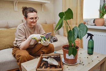 A woman gardener holds phone in her hands for online learning about plants. Blogger takes video and...