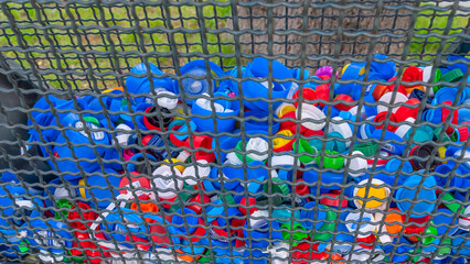 Place for collecting colorful plastic caps for recycling and charity. Save the world. Cap collecting.