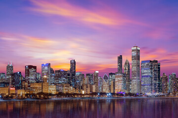 Fototapeta na wymiar Chicago, Illinois, USA- Downtown skyline from lake Michigan, Chicago downtown skyline at dusk,